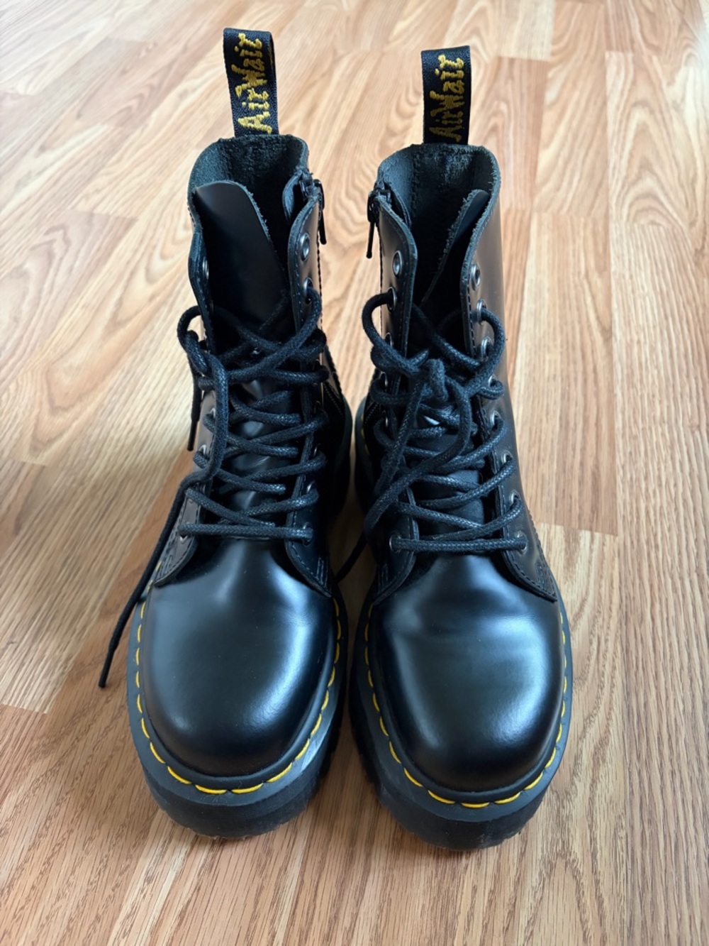 Dr. Martens Black Leather Jadon Lace-Up Boots with Yellow Stitching